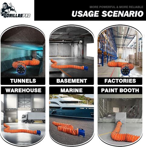 GORILLASPRO مروحة منفاخ محمولة 520 وات/12 بوصة مع قناة تهوية تلسكوبية بطول 33 قدمًا من البولي فينيل كلوريد مروحة عادم تهوية محمولة مروحة أسطوانية شديدة التحمل للمنزل ومكان العمل عادم الدخان والتهوية in Kuwait