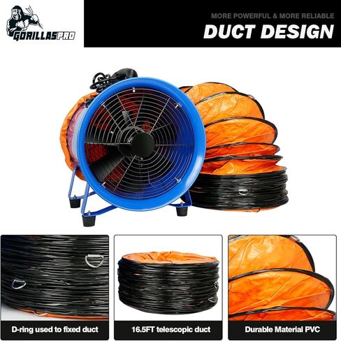 GORILLASPRO مروحة منفاخ محمولة 520 وات/12 بوصة مع قناة تهوية تلسكوبية بطول 33 قدمًا من البولي فينيل كلوريد مروحة عادم تهوية محمولة مروحة أسطوانية شديدة التحمل للمنزل ومكان العمل عادم الدخان والتهوية in Kuwait