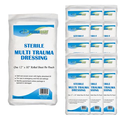 Primacare WT-7705-CS Pack of 25 First Aid Sterile Multi Trauma Gauze Pad Dressing for Stopping Heavy Bleeding in Large Open Wounds, Treating Lacerations and Piercing Injuries, 30" x 12", White in Kuwait
