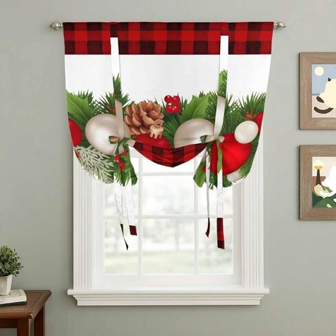 Christmas Balls Tie Up Curtains for Window, Winter Pine Branch Xmas Red Black Plaid Thermal Insulated Balloon Shade Adjustable Rod Pocket Curtains Valance Panels for Kitchen Bathroom Café 42'' x 54'' in Saudi Arabia