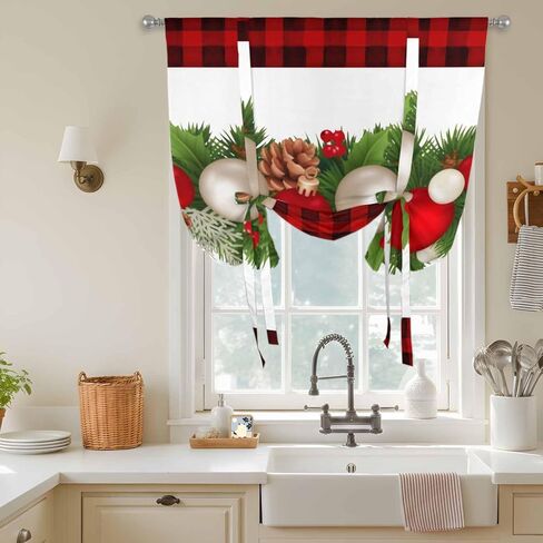 Christmas Balls Tie Up Curtains for Window, Winter Pine Branch Xmas Red Black Plaid Thermal Insulated Balloon Shade Adjustable Rod Pocket Curtains Valance Panels for Kitchen Bathroom Café 42'' x 54'' in Saudi Arabia
