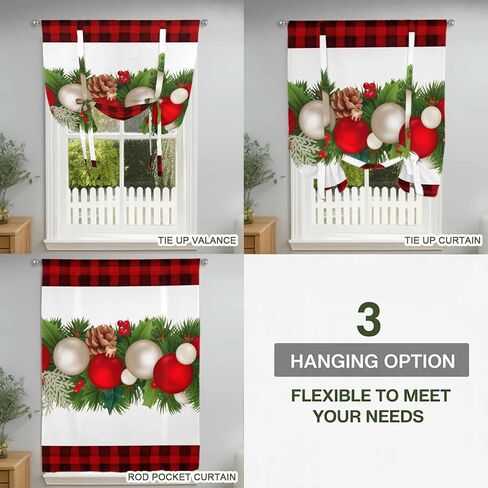 Christmas Balls Tie Up Curtains for Window, Winter Pine Branch Xmas Red Black Plaid Thermal Insulated Balloon Shade Adjustable Rod Pocket Curtains Valance Panels for Kitchen Bathroom Café 42'' x 54'' in Saudi Arabia