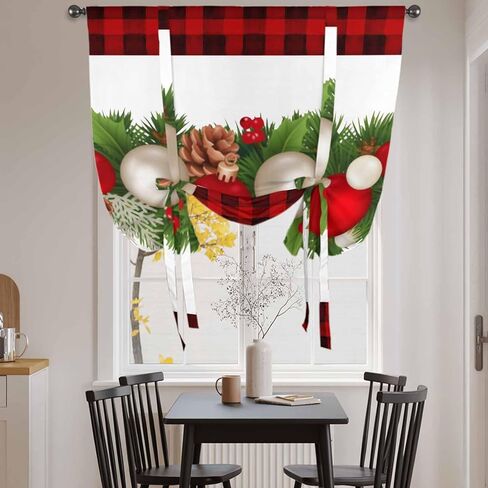 Christmas Balls Tie Up Curtains for Window, Winter Pine Branch Xmas Red Black Plaid Thermal Insulated Balloon Shade Adjustable Rod Pocket Curtains Valance Panels for Kitchen Bathroom Café 42'' x 54'' in Saudi Arabia