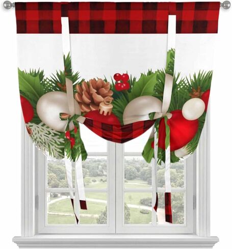 Christmas Balls Tie Up Curtains for Window, Winter Pine Branch Xmas Red Black Plaid Thermal Insulated Balloon Shade Adjustable Rod Pocket Curtains Valance Panels for Kitchen Bathroom Café 42'' x 54'' in Saudi Arabia