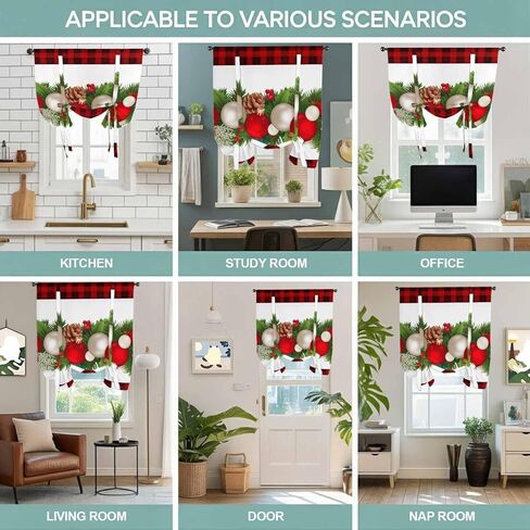 Christmas Balls Tie Up Curtains for Window, Winter Pine Branch Xmas Red Black Plaid Thermal Insulated Balloon Shade Adjustable Rod Pocket Curtains Valance Panels for Kitchen Bathroom Café 42'' x 54'' in Saudi Arabia