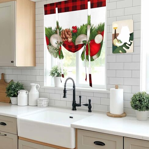 Christmas Balls Tie Up Curtains for Window, Winter Pine Branch Xmas Red Black Plaid Thermal Insulated Balloon Shade Adjustable Rod Pocket Curtains Valance Panels for Kitchen Bathroom Café 42'' x 54'' in Saudi Arabia