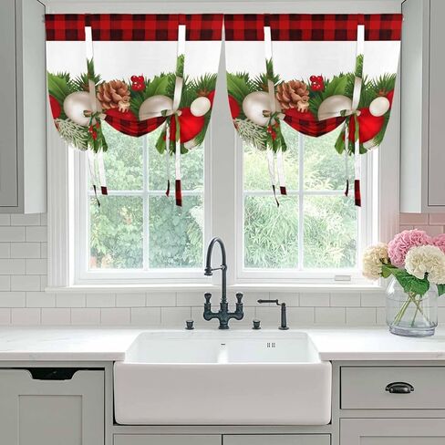 Christmas Balls Tie Up Curtains for Window, Winter Pine Branch Xmas Red Black Plaid Thermal Insulated Balloon Shade Adjustable Rod Pocket Curtains Valance Panels for Kitchen Bathroom Café 42'' x 54'' in Saudi Arabia