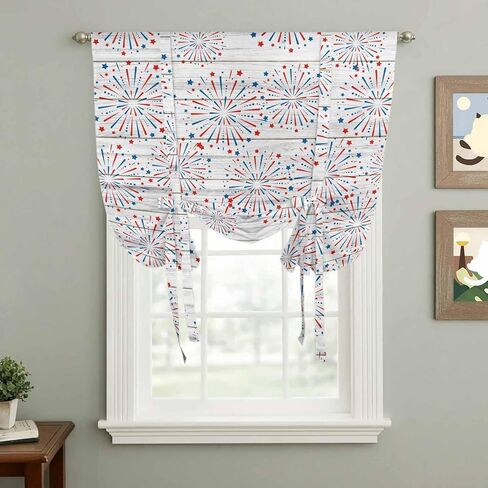 4th of July Tie Up Curtains for Window, Independence Day Farmhouse Wooden Grain Thermal Insulated Balloon Shade Adjustable Rod Pocket Curtains Valance Panels for Kitchen Bathroom Café 42'' x 54'' in Saudi Arabia