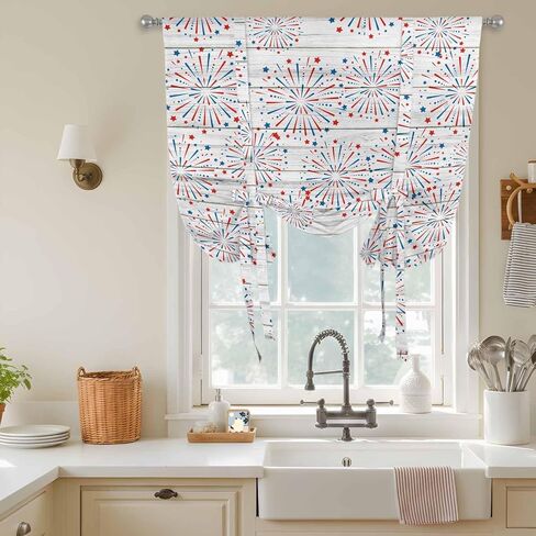 4th of July Tie Up Curtains for Window, Independence Day Farmhouse Wooden Grain Thermal Insulated Balloon Shade Adjustable Rod Pocket Curtains Valance Panels for Kitchen Bathroom Café 42'' x 54'' in Saudi Arabia