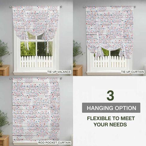 4th of July Tie Up Curtains for Window, Independence Day Farmhouse Wooden Grain Thermal Insulated Balloon Shade Adjustable Rod Pocket Curtains Valance Panels for Kitchen Bathroom Café 42'' x 54'' in Saudi Arabia