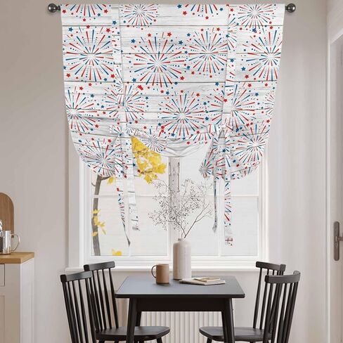 4th of July Tie Up Curtains for Window, Independence Day Farmhouse Wooden Grain Thermal Insulated Balloon Shade Adjustable Rod Pocket Curtains Valance Panels for Kitchen Bathroom Café 42'' x 54'' in Saudi Arabia