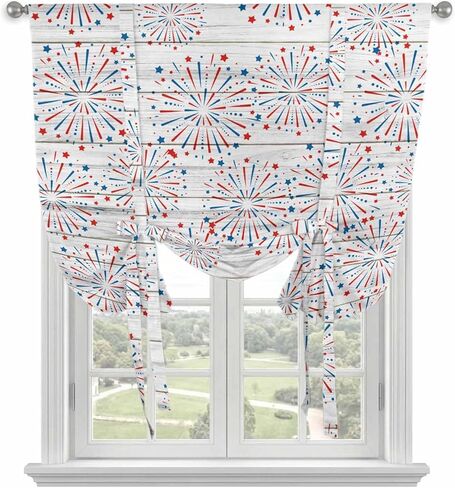 4th of July Tie Up Curtains for Window, Independence Day Farmhouse Wooden Grain Thermal Insulated Balloon Shade Adjustable Rod Pocket Curtains Valance Panels for Kitchen Bathroom Café 42'' x 54'' in Saudi Arabia