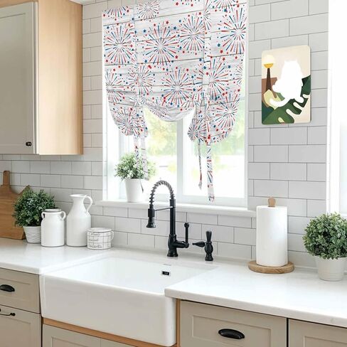 4th of July Tie Up Curtains for Window, Independence Day Farmhouse Wooden Grain Thermal Insulated Balloon Shade Adjustable Rod Pocket Curtains Valance Panels for Kitchen Bathroom Café 42'' x 54'' in Saudi Arabia