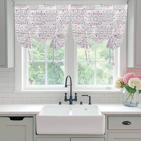 4th of July Tie Up Curtains for Window, Independence Day Farmhouse Wooden Grain Thermal Insulated Balloon Shade Adjustable Rod Pocket Curtains Valance Panels for Kitchen Bathroom Café 42'' x 54'' in Saudi Arabia