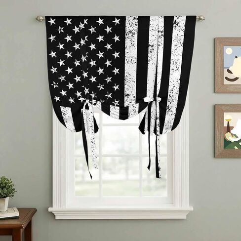 Black American Flag Tie Up Curtains for Window, Vintage USA Flag Thermal Insulated Balloon Shade Adjustable Rod Pocket Curtains Valance Panels for Kitchen Bathroom Café 42'' x 45'' in Saudi Arabia