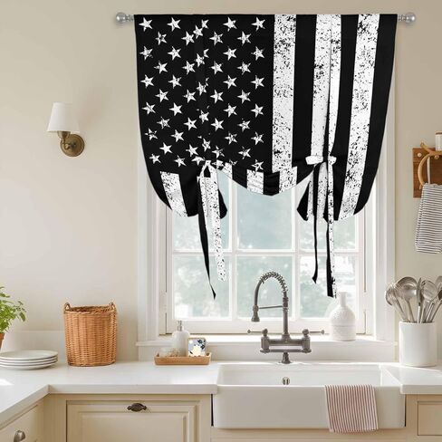 Black American Flag Tie Up Curtains for Window, Vintage USA Flag Thermal Insulated Balloon Shade Adjustable Rod Pocket Curtains Valance Panels for Kitchen Bathroom Café 42'' x 45'' in Saudi Arabia