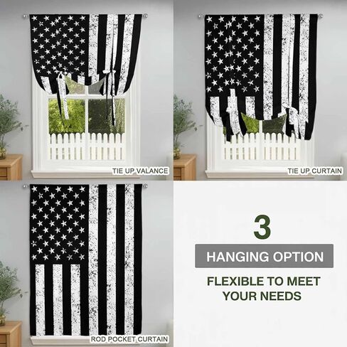 Black American Flag Tie Up Curtains for Window, Vintage USA Flag Thermal Insulated Balloon Shade Adjustable Rod Pocket Curtains Valance Panels for Kitchen Bathroom Café 42'' x 45'' in Saudi Arabia