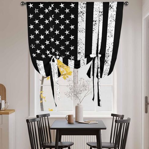 Black American Flag Tie Up Curtains for Window, Vintage USA Flag Thermal Insulated Balloon Shade Adjustable Rod Pocket Curtains Valance Panels for Kitchen Bathroom Café 42'' x 45'' in Saudi Arabia