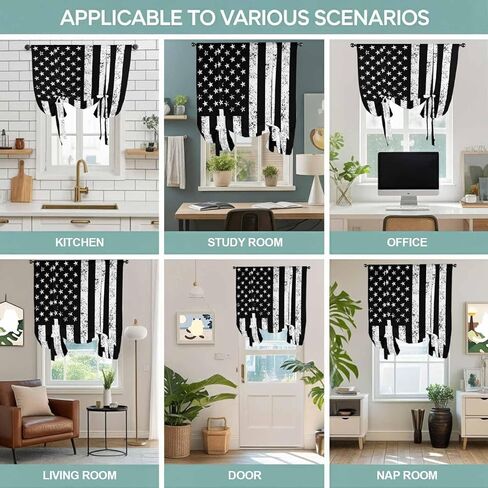 Black American Flag Tie Up Curtains for Window, Vintage USA Flag Thermal Insulated Balloon Shade Adjustable Rod Pocket Curtains Valance Panels for Kitchen Bathroom Café 42'' x 45'' in Saudi Arabia
