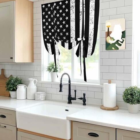 Black American Flag Tie Up Curtains for Window, Vintage USA Flag Thermal Insulated Balloon Shade Adjustable Rod Pocket Curtains Valance Panels for Kitchen Bathroom Café 42'' x 45'' in Saudi Arabia