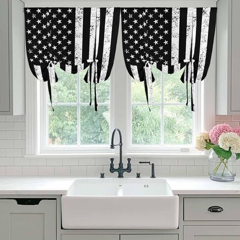 Black American Flag Tie Up Curtains for Window, Vintage USA Flag Thermal Insulated Balloon Shade Adjustable Rod Pocket Curtains Valance Panels for Kitchen Bathroom Café 42'' x 45'' in Saudi Arabia