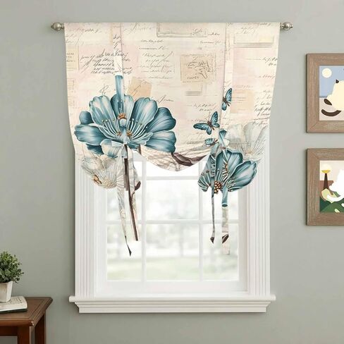 Blue Tulip Tie Up Curtains for Window, Vintage Flowers Leaves Butterfly Botanical Thermal Insulated Balloon Shade Adjustable Rod Pocket Curtains Valance Panels for Kitchen Bathroom Café 46'' x 63'' in Saudi Arabia