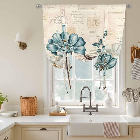 Blue Tulip Tie Up Curtains for Window, Vintage Flowers Leaves Butterfly Botanical Thermal Insulated Balloon Shade Adjustable Rod Pocket Curtains Valance Panels for Kitchen Bathroom Café 46'' x 63'' in Saudi Arabia