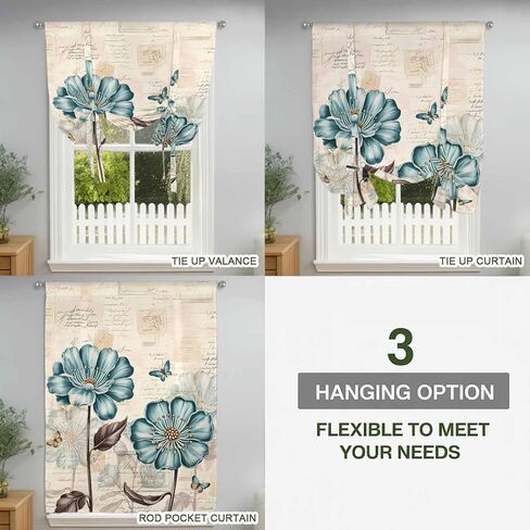 Blue Tulip Tie Up Curtains for Window, Vintage Flowers Leaves Butterfly Botanical Thermal Insulated Balloon Shade Adjustable Rod Pocket Curtains Valance Panels for Kitchen Bathroom Café 46'' x 63'' in Saudi Arabia