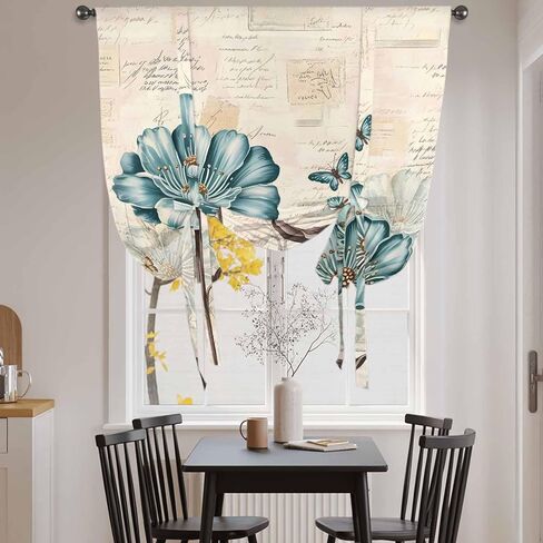 Blue Tulip Tie Up Curtains for Window, Vintage Flowers Leaves Butterfly Botanical Thermal Insulated Balloon Shade Adjustable Rod Pocket Curtains Valance Panels for Kitchen Bathroom Café 46'' x 63'' in Saudi Arabia