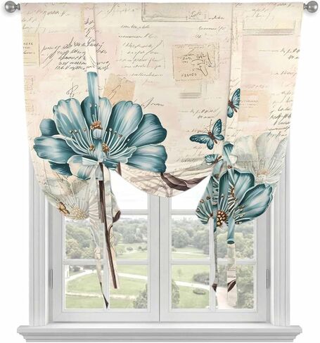 Blue Tulip Tie Up Curtains for Window, Vintage Flowers Leaves Butterfly Botanical Thermal Insulated Balloon Shade Adjustable Rod Pocket Curtains Valance Panels for Kitchen Bathroom Café 46'' x 63'' in Saudi Arabia
