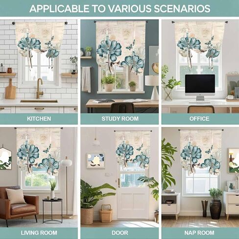 Blue Tulip Tie Up Curtains for Window, Vintage Flowers Leaves Butterfly Botanical Thermal Insulated Balloon Shade Adjustable Rod Pocket Curtains Valance Panels for Kitchen Bathroom Café 46'' x 63'' in Saudi Arabia