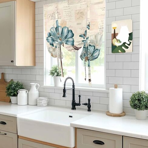 Blue Tulip Tie Up Curtains for Window, Vintage Flowers Leaves Butterfly Botanical Thermal Insulated Balloon Shade Adjustable Rod Pocket Curtains Valance Panels for Kitchen Bathroom Café 46'' x 63'' in Saudi Arabia