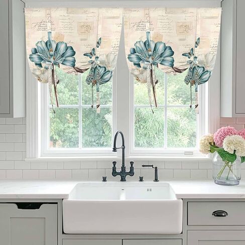 Blue Tulip Tie Up Curtains for Window, Vintage Flowers Leaves Butterfly Botanical Thermal Insulated Balloon Shade Adjustable Rod Pocket Curtains Valance Panels for Kitchen Bathroom Café 46'' x 63'' in Saudi Arabia