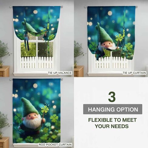 St. Patrick's Day Tie Up Curtains for Window, Spring Green Gnomes Lucky Irish Clovers Thermal Balloon Shade Adjustable Rod Pocket Curtains Valance Panels for Kitchen Bathroom Café 52'' x 45'' in Saudi Arabia