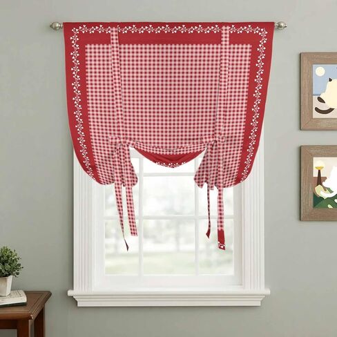 Red Plaid Tie Up Curtains for Window, Valentine's Day Love Heart Floral Vintage Thermal Insulated Balloon Shade Adjustable Rod Pocket Curtains Valance Panels for Kitchen Bathroom Café 52'' x 45'' in Saudi Arabia