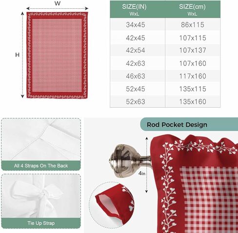 Red Plaid Tie Up Curtains for Window, Valentine's Day Love Heart Floral Vintage Thermal Insulated Balloon Shade Adjustable Rod Pocket Curtains Valance Panels for Kitchen Bathroom Café 52'' x 45'' in Saudi Arabia