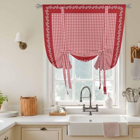 Red Plaid Tie Up Curtains for Window, Valentine's Day Love Heart Floral Vintage Thermal Insulated Balloon Shade Adjustable Rod Pocket Curtains Valance Panels for Kitchen Bathroom Café 52'' x 45'' in Saudi Arabia