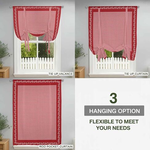Red Plaid Tie Up Curtains for Window, Valentine's Day Love Heart Floral Vintage Thermal Insulated Balloon Shade Adjustable Rod Pocket Curtains Valance Panels for Kitchen Bathroom Café 52'' x 45'' in Saudi Arabia