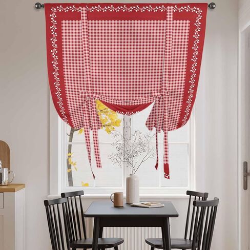 Red Plaid Tie Up Curtains for Window, Valentine's Day Love Heart Floral Vintage Thermal Insulated Balloon Shade Adjustable Rod Pocket Curtains Valance Panels for Kitchen Bathroom Café 52'' x 45'' in Saudi Arabia