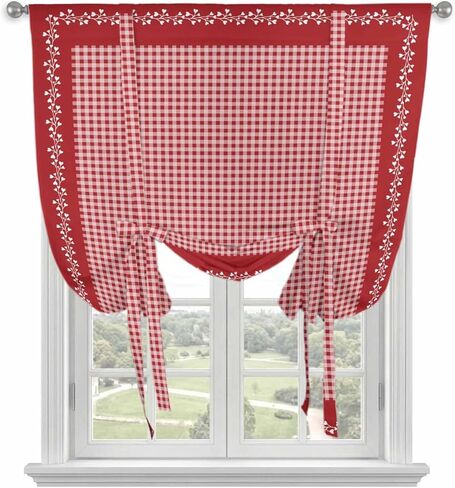Red Plaid Tie Up Curtains for Window, Valentine's Day Love Heart Floral Vintage Thermal Insulated Balloon Shade Adjustable Rod Pocket Curtains Valance Panels for Kitchen Bathroom Café 52'' x 45'' in Saudi Arabia