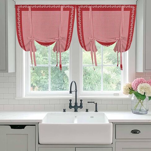 Red Plaid Tie Up Curtains for Window, Valentine's Day Love Heart Floral Vintage Thermal Insulated Balloon Shade Adjustable Rod Pocket Curtains Valance Panels for Kitchen Bathroom Café 52'' x 45'' in Saudi Arabia