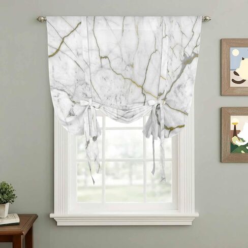 White Marble Tie Up Curtains for Window, Modern Abstract Art Ink Painting Thermal Insulated Balloon Shade Adjustable Rod Pocket Curtains Valance Panels for Kitchen Bathroom Café 42'' x 63'' in Saudi Arabia