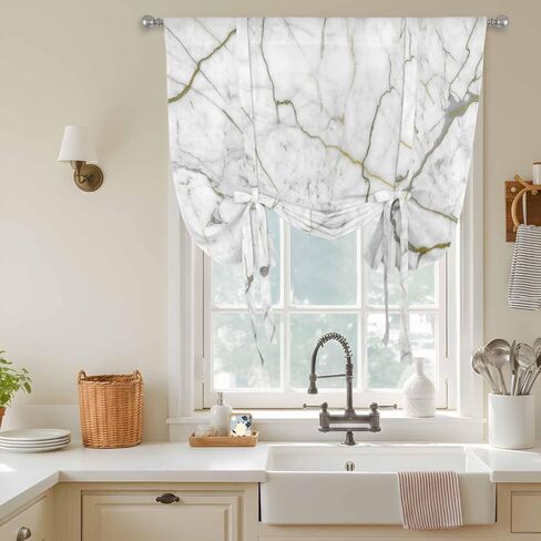 White Marble Tie Up Curtains for Window, Modern Abstract Art Ink Painting Thermal Insulated Balloon Shade Adjustable Rod Pocket Curtains Valance Panels for Kitchen Bathroom Café 42'' x 63'' in Saudi Arabia