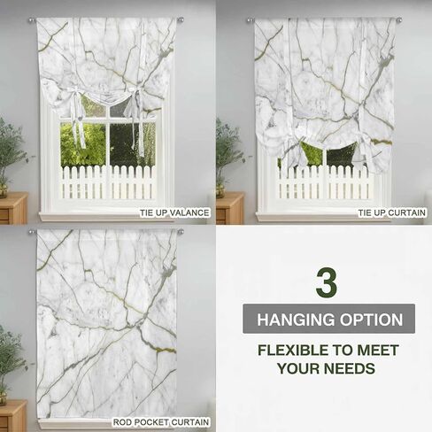 White Marble Tie Up Curtains for Window, Modern Abstract Art Ink Painting Thermal Insulated Balloon Shade Adjustable Rod Pocket Curtains Valance Panels for Kitchen Bathroom Café 42'' x 63'' in Saudi Arabia