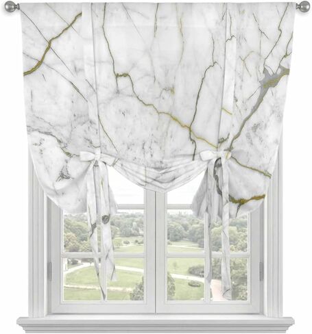 White Marble Tie Up Curtains for Window, Modern Abstract Art Ink Painting Thermal Insulated Balloon Shade Adjustable Rod Pocket Curtains Valance Panels for Kitchen Bathroom Café 42'' x 63'' in Saudi Arabia