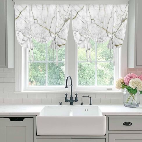 White Marble Tie Up Curtains for Window, Modern Abstract Art Ink Painting Thermal Insulated Balloon Shade Adjustable Rod Pocket Curtains Valance Panels for Kitchen Bathroom Café 42'' x 63'' in Saudi Arabia