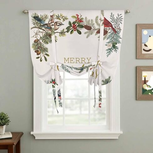 عيد الميلاد الكاردينال ربط الستائر للنافذة، الشتاء عيد الميلاد هولي الصنوبر الفواكه التوت الحراري معزول بالون الظل قابل للتعديل قضيب جيب الستائر الستارة لوحات للمطبخ الحمام مقهى 34 بوصة × 45 بوصة in Kuwait