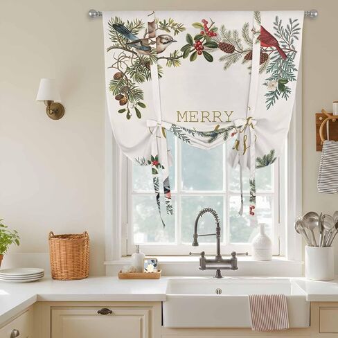 عيد الميلاد الكاردينال ربط الستائر للنافذة، الشتاء عيد الميلاد هولي الصنوبر الفواكه التوت الحراري معزول بالون الظل قابل للتعديل قضيب جيب الستائر الستارة لوحات للمطبخ الحمام مقهى 34 بوصة × 45 بوصة in Kuwait