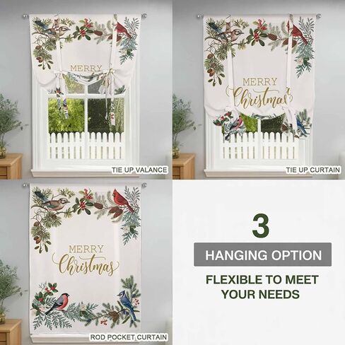 عيد الميلاد الكاردينال ربط الستائر للنافذة، الشتاء عيد الميلاد هولي الصنوبر الفواكه التوت الحراري معزول بالون الظل قابل للتعديل قضيب جيب الستائر الستارة لوحات للمطبخ الحمام مقهى 34 بوصة × 45 بوصة in Kuwait
