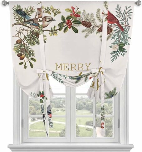 عيد الميلاد الكاردينال ربط الستائر للنافذة، الشتاء عيد الميلاد هولي الصنوبر الفواكه التوت الحراري معزول بالون الظل قابل للتعديل قضيب جيب الستائر الستارة لوحات للمطبخ الحمام مقهى 34 بوصة × 45 بوصة in Kuwait